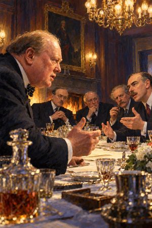 Painting: Churchill hears Keynes and McKenna argue against gold at dinner, 11 Downing Street, 17 March 1925