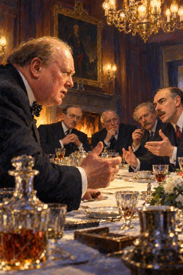 Painting: Churchill hears Keynes and McKenna argue against gold at dinner, 11 Downing Street, 17 March 1925