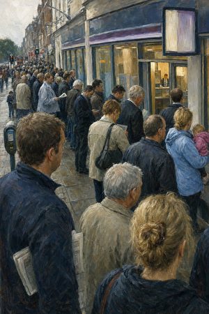 Painting: savers queue outside a Northern Rock branch in Britain's first bank run in a century, September 2007