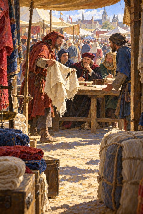 Painting: merchants settle a cloth dispute before fellow traders at the Champagne fair of Troyes