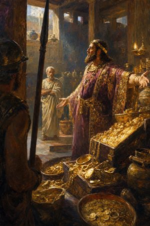 Painting: King Croesus shows Solon the gold of his treasury at Sardis, Lydia, about 550 BC