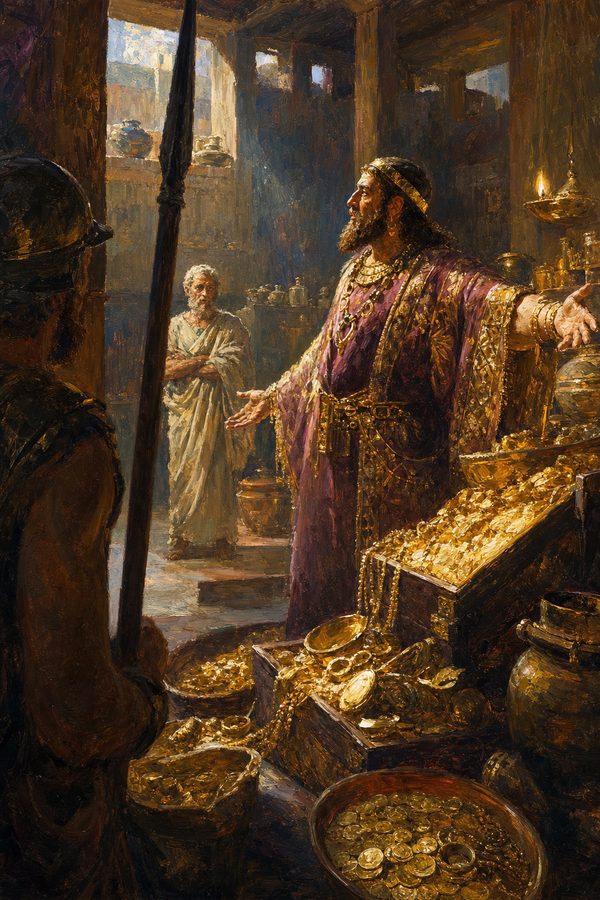 Painting: King Croesus shows Solon the gold of his treasury at Sardis, Lydia, about 550 BC