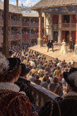 Painting: groundlings crowd the yard below the stage during a performance at the Globe Theatre, London, 1600