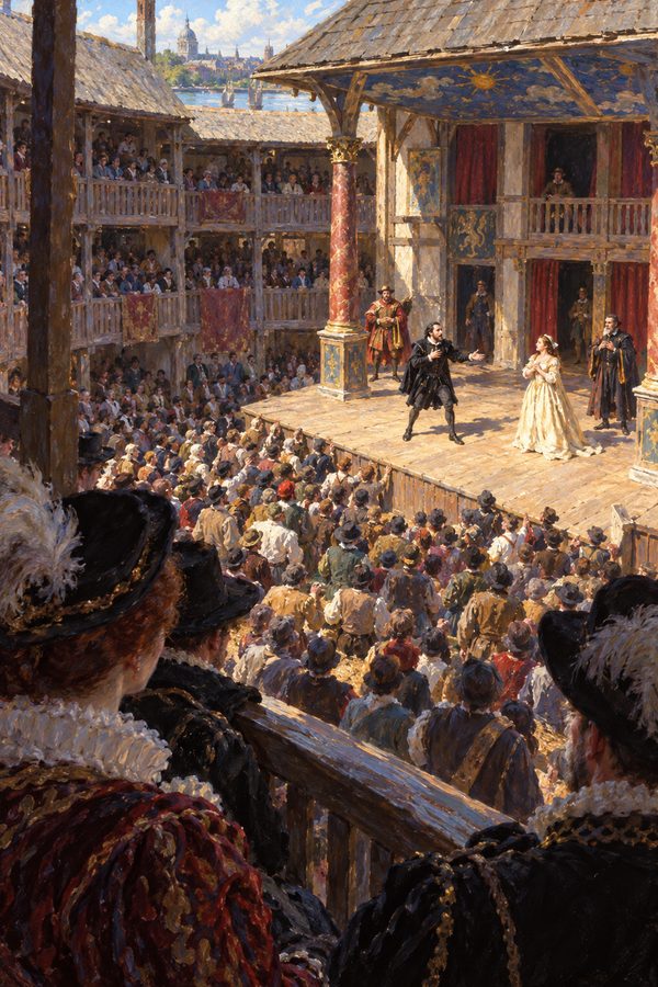 Painting: groundlings crowd the yard below the stage during a performance at the Globe Theatre, London, 1600