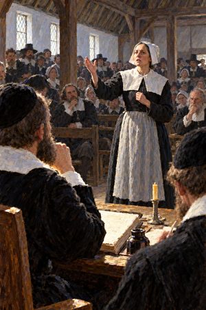 Painting: Anne Hutchinson stands before the Massachusetts court at her heresy trial, Newtown, 1637