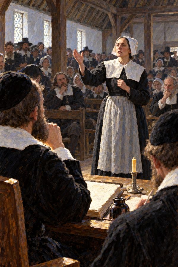 Painting: Anne Hutchinson stands before the Massachusetts court at her heresy trial, Newtown, 1637