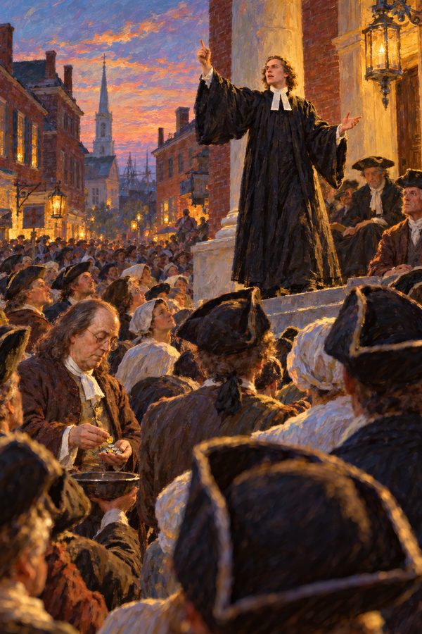Painting: George Whitefield preaches in the open air on Market Street, Philadelphia, as Franklin listens, 1739