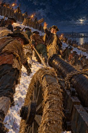 Painting: Henry Knox's men haul straw-muffled cannon up Dorchester Heights by night, March 1776