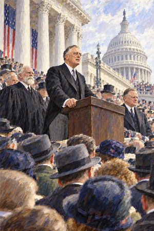 Painting: Franklin D. Roosevelt delivers his first inaugural address at the US Capitol, Washington, 4 March 1933