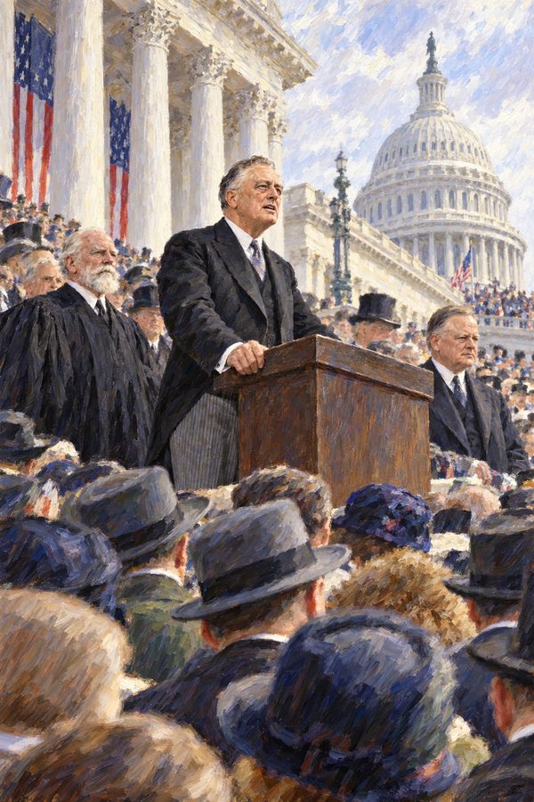 Painting: Franklin D. Roosevelt delivers his first inaugural address at the US Capitol, Washington, 4 March 1933