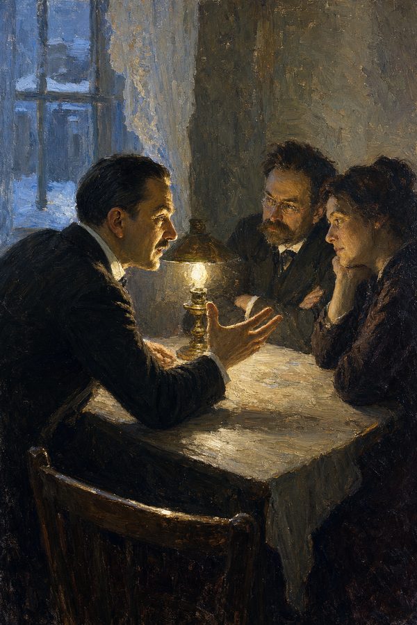 Painting: Ludwig von Mises argues Otto and Helene Bauer out of a Bolshevik Vienna by lamplight, winter 1918-19