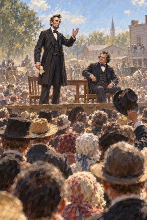 Painting: Lincoln speaks as Douglas waits, first Lincoln-Douglas debate, Ottawa, Illinois, August 1858
