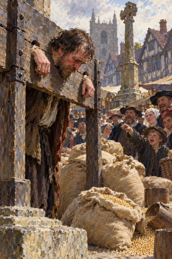 Painting: a corn dealer locked in the pillory at Cheapside market for forestalling grain, London, 1560s