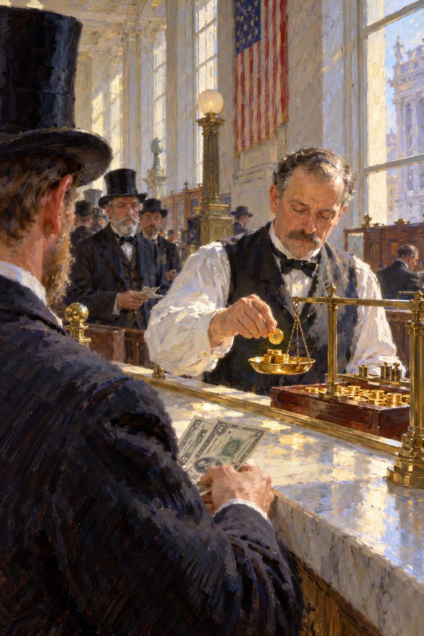 Painting: a Treasury teller weighs out gold for greenbacks on Resumption Day, New York, January 1879