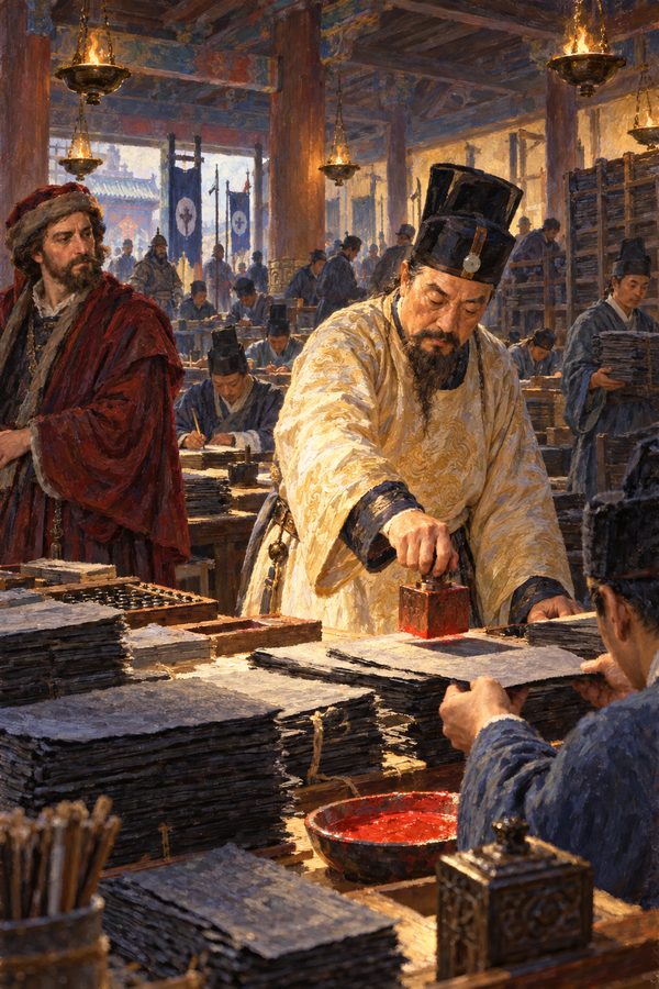 Painting: mint officials seal Kublai Khan's paper money as Marco Polo watches, Khanbaliq, about 1280