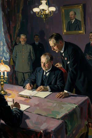 Painting: Molotov signs the Nazi-Soviet pact as Ribbentrop leans in and Stalin watches, Kremlin, 24 August 1939