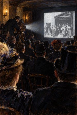 Painting: Parisians watch the Lumiere brothers' first paid film screening, Grand Cafe, 28 December 1895