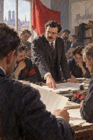 Painting: Otto Neurath directs Bavaria's central planning office under a red flag, Munich, 1919
