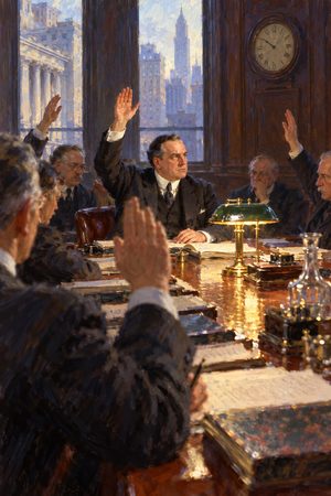 Painting: Benjamin Strong presides as the New York Fed board votes to raise the discount rate, 1920