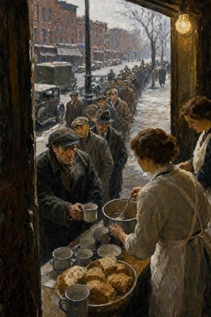 Painting: unemployed men file into a soup kitchen on South State Street, Chicago, winter 1931