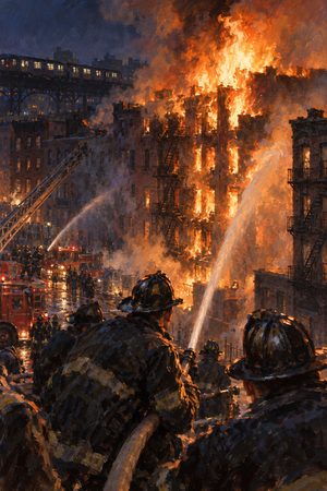 Painting: firefighters battle a burning South Bronx tenement during the World Series, October 1977