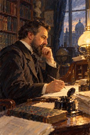 Painting: Gustav von Schmoller at his desk drafting the review that named the Austrian school, Berlin, 1883