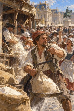 Painting: rioters seize flour and weigh it out at their own price, Flour War, Versailles, May 1775