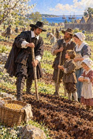 Painting: Governor William Bradford assigns family plots of corn ground at Plymouth Colony, spring 1623