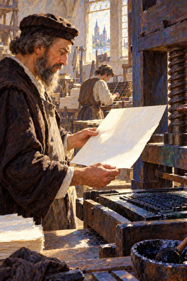 Painting: Johannes Gutenberg examines a freshly pulled proof sheet at his press, Mainz, about 1454