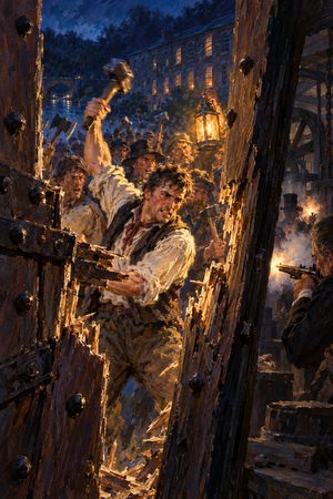 Painting: Luddites led by George Mellor batter the door of Rawfolds Mill with hammers, Yorkshire, April 1812