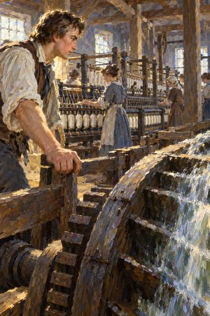 Painting: Samuel Slater watches his water-powered spinning frames start up, Pawtucket, December 1790