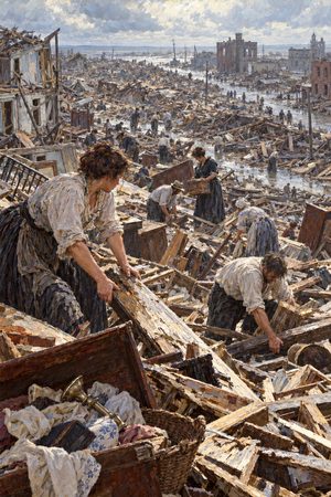 Painting: survivors search the wreckage the morning after the great hurricane, Galveston, 9 September 1900
