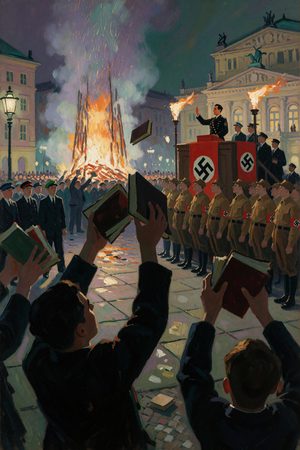 Painting: students hurl books into the Opernplatz bonfire as Goebbels speaks under swastika flags, Berlin, May 1933