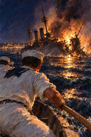 Painting: a sailor rows toward the burning wreck of the USS Maine in Havana harbor, February 1898