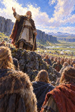 Painting: lawspeaker Thorgeir proclaims Iceland's conversion to Christianity from the Law Rock at Thingvellir, AD 1000