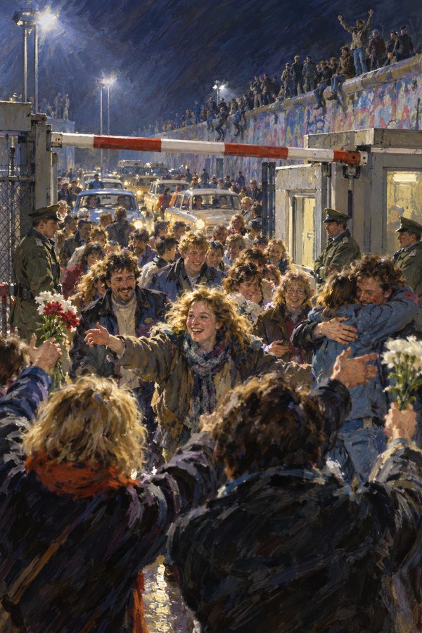 Painting: East Berliners surge through the opened Bornholmer Strasse crossing, night of 9 November 1989