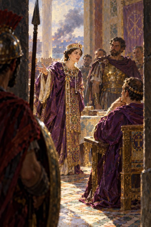 Painting: Empress Theodora tells Justinian she will not flee the Nika riots, Great Palace, Constantinople, 532