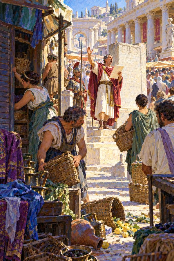 Painting: a herald proclaims Diocletian's Edict on Maximum Prices as merchants pull goods from a Roman market, 301