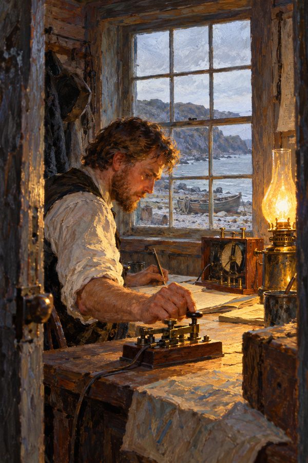 Painting: an operator takes the first transatlantic cable message at Heart's Content, Newfoundland, July 1866