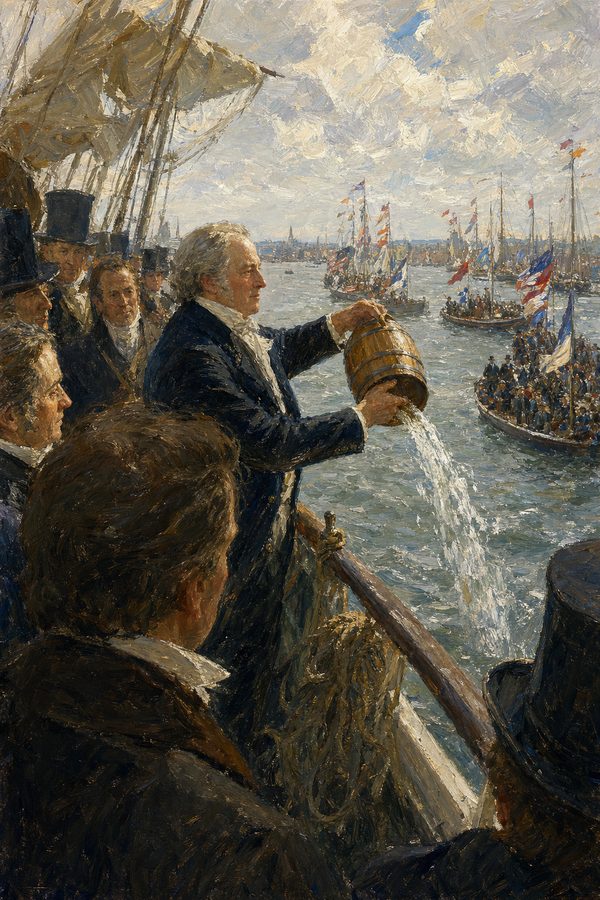 Painting: Governor DeWitt Clinton pours Lake Erie water into the Atlantic, the Wedding of the Waters, 1825