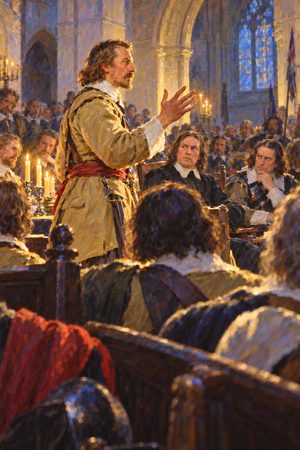 Painting: Colonel Thomas Rainsborough speaks at the Putney Debates in St Mary's Church, Putney, October 1647