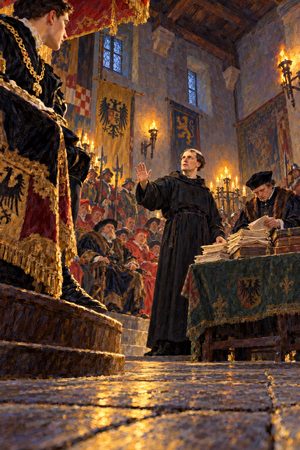 Painting: Martin Luther refuses to recant before Emperor Charles V at the Diet of Worms, 1521.