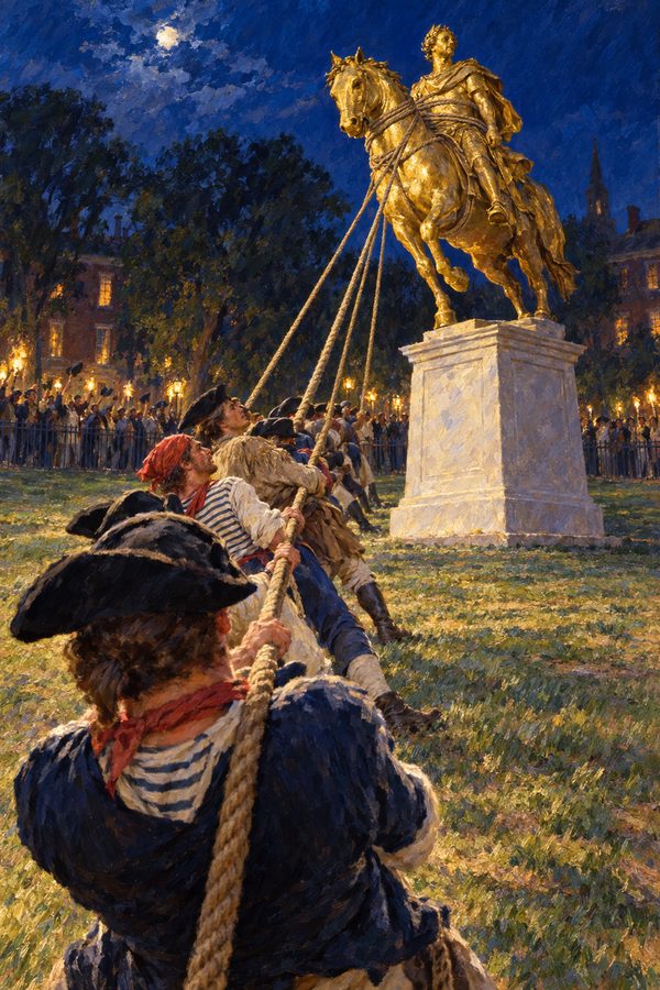 Painting: sailors and soldiers haul the gilded statue of George III off its pedestal, Bowling Green, New York, July 1776