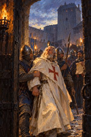 Painting: royal soldiers seize Grand Master Jacques de Molay at the Paris Temple, dawn, 13 October 1307