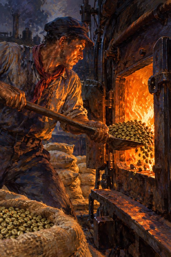 Painting: a Brazilian fireman shovels surplus coffee into a locomotive firebox, 1932