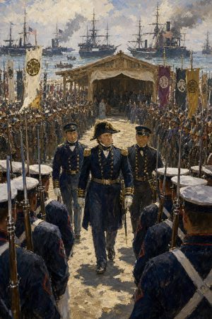 Painting: Commodore Perry comes ashore between ranks of samurai at Kurihama, Japan, 14 July 1853