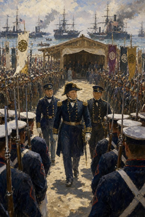 Painting: Commodore Perry comes ashore between ranks of samurai at Kurihama, Japan, 14 July 1853