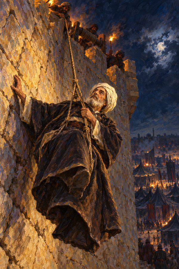 Painting: Ibn Khaldun is lowered by rope over the walls of besieged Damascus to meet Timur, January 1401