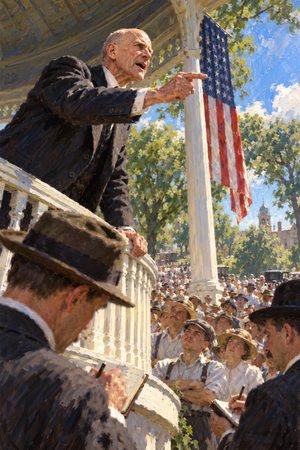Painting: Eugene Debs denounces the war from the bandstand at Canton, Ohio, as agents take notes, June 1918