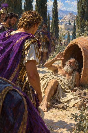 Painting: Diogenes asks Alexander the Great to stand out of his sunlight, Corinth, 336 BC